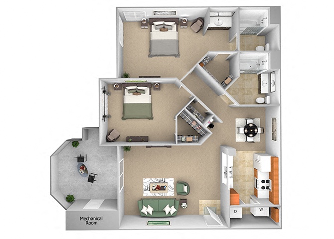 Floor plan for 2 beds, 2 baths, 1121 sqft