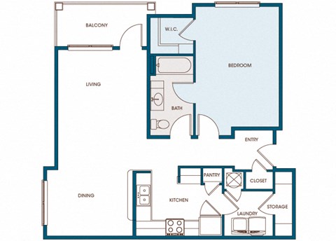 Floor plan for 1 bed, 1 bath, 884 sqft