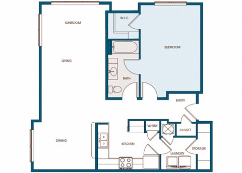 Floor plan for 1 bed, 1 bath, 956 sqft