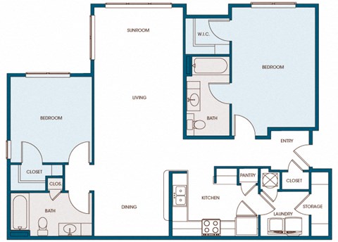 Floor plan for 2 beds, 2 baths, 1186 sqft