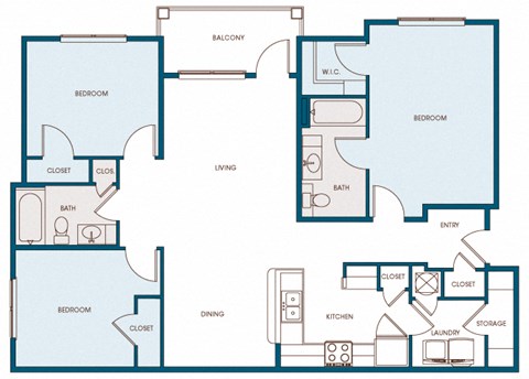 Floor plan for 3 beds, 2 baths, 1266 sqft