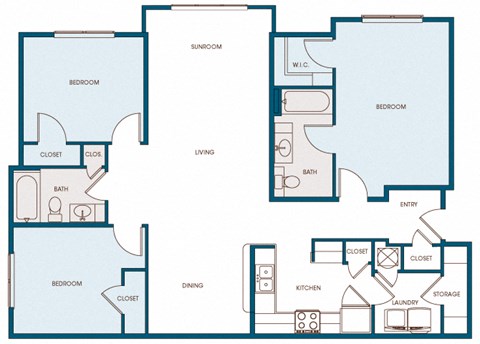 Floor plan for 3 beds, 2 baths, 1338 sqft
