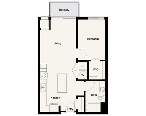 Floor plan for 1 bed, 1 bath, 696 sqft