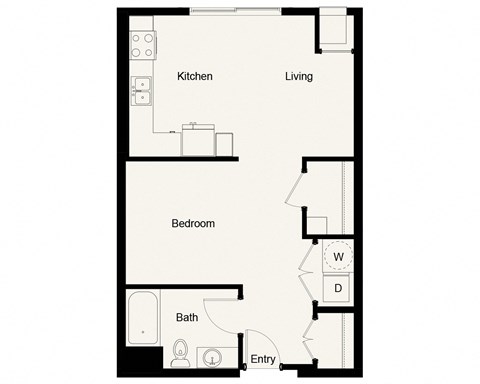 Floor plan for studio, 1 bath, 658 sqft