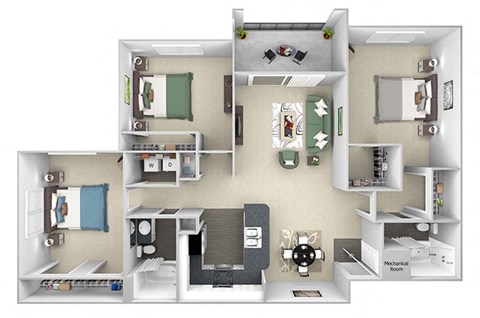 Floor plan for 3 beds, 2 baths, 1300 sqft