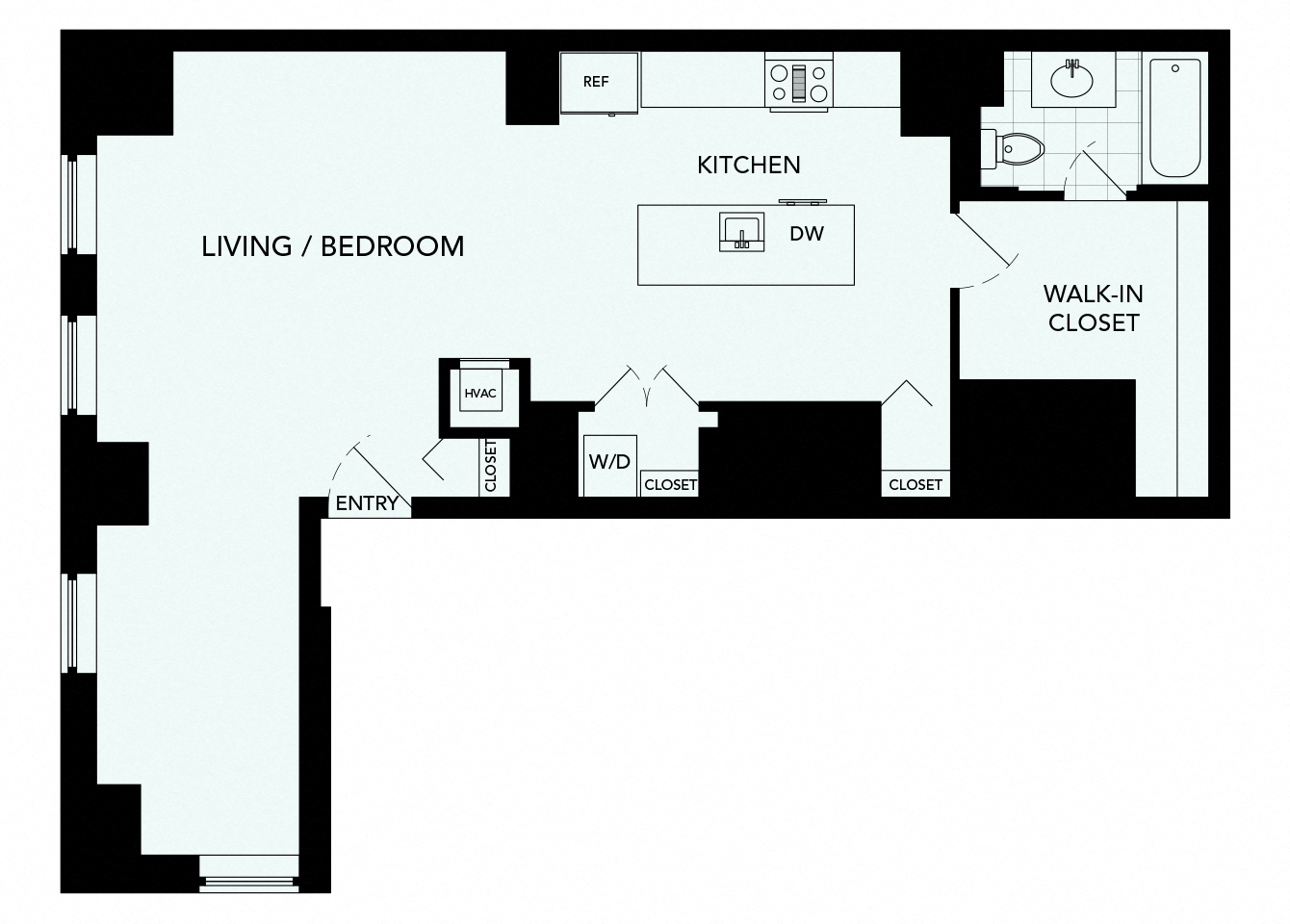 Floor plan for studio, 1 bath, 875 sqft