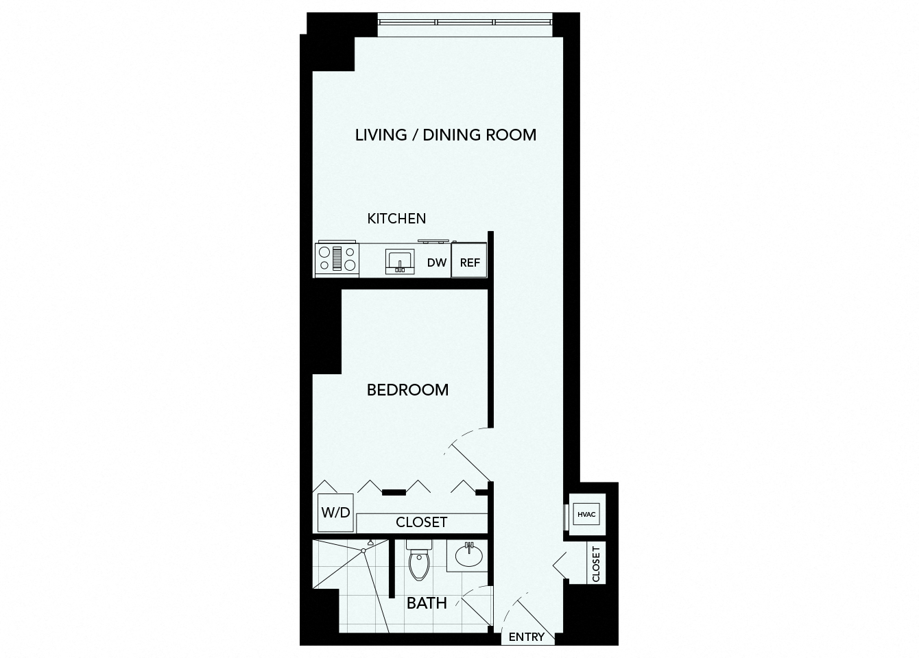 Floor plan for 1 bed, 1 bath, 530 sqft