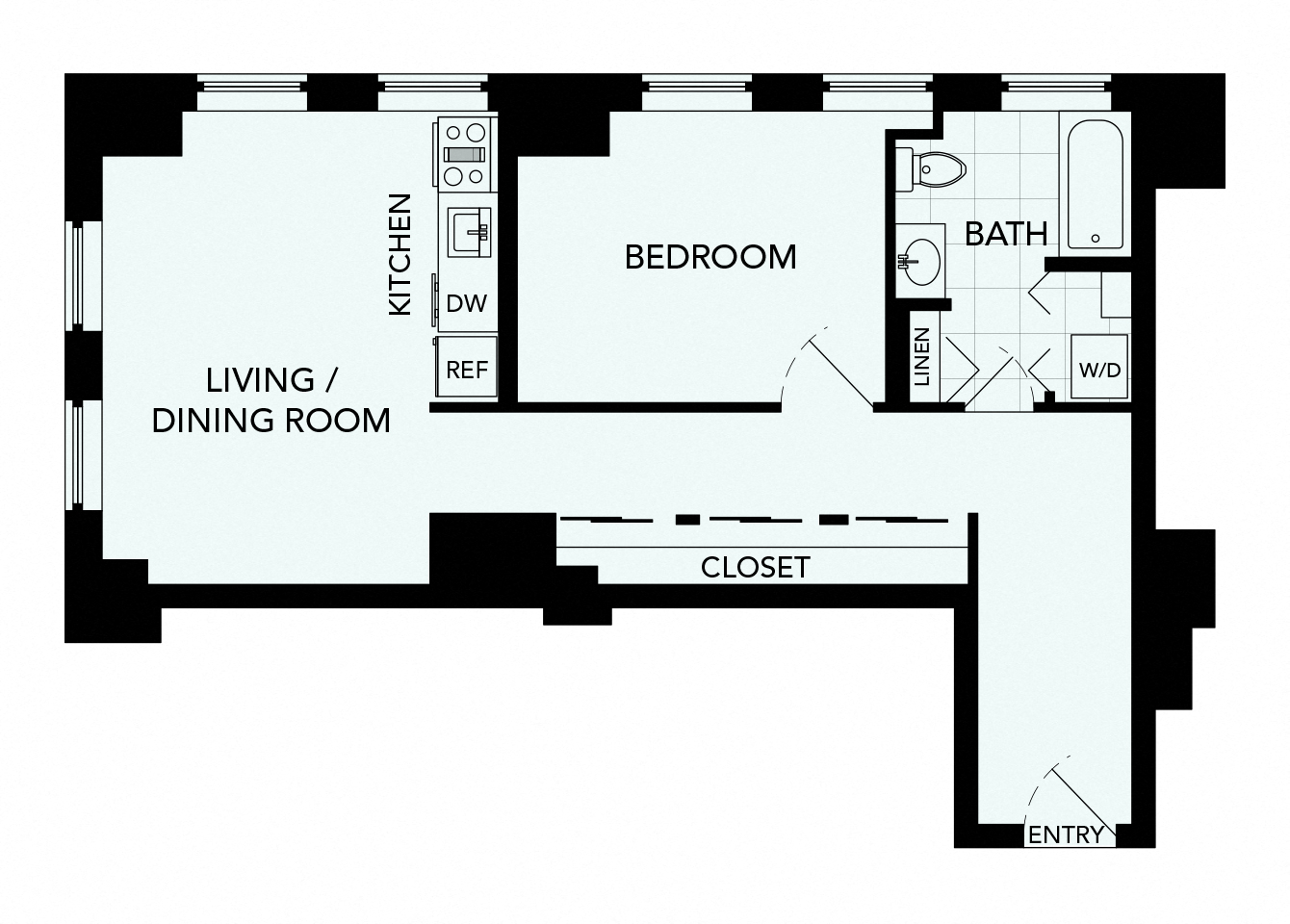 Floor plan for 1 bed, 1 bath, 640 sqft