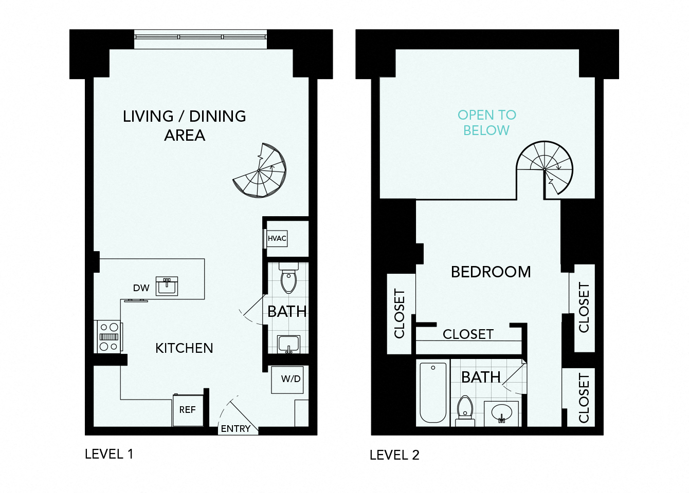 Floor plan for 1 bed, 1.5 baths, 740 sqft