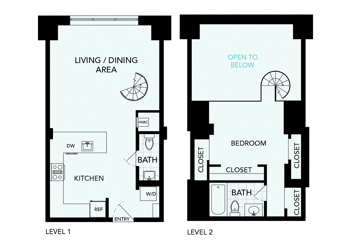 Floor plan for 1 bed, 1.5 baths, 745 sqft