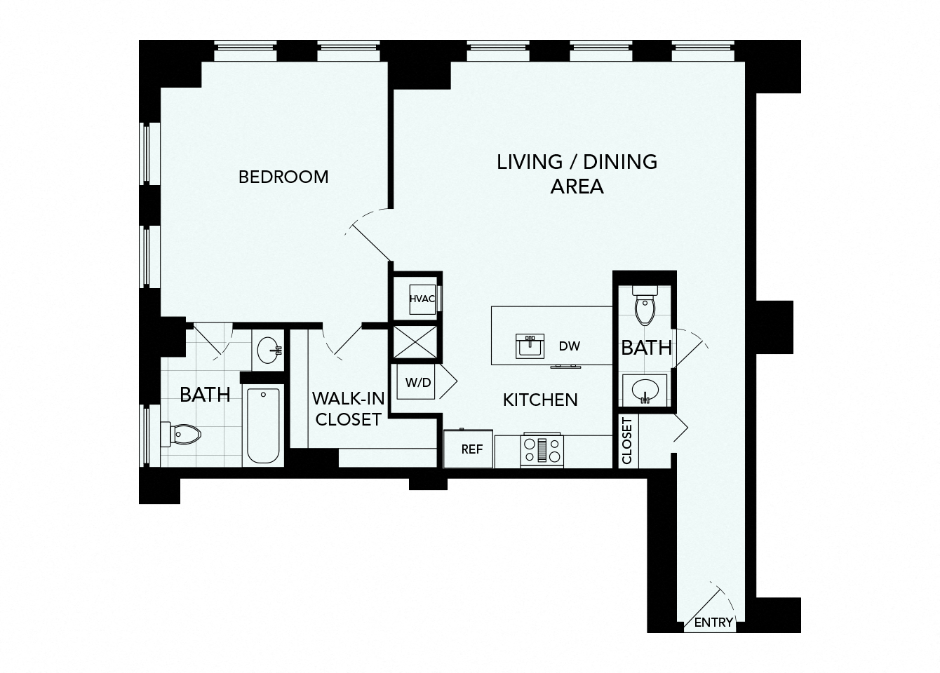 Floor plan for 1 bed, 1.5 baths, 915 sqft