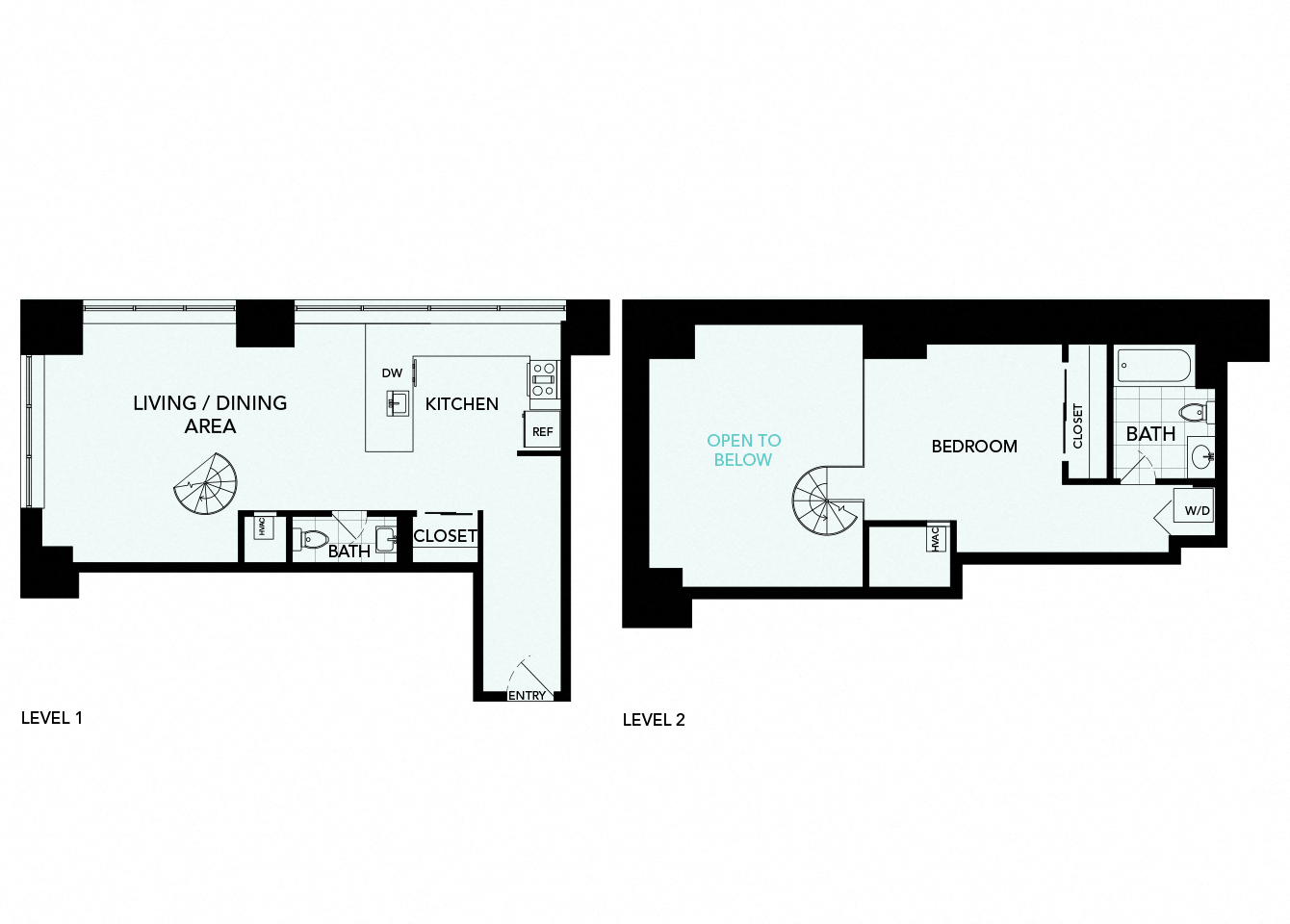 Floor plan for 1 bed, 1.5 baths, 960 sqft