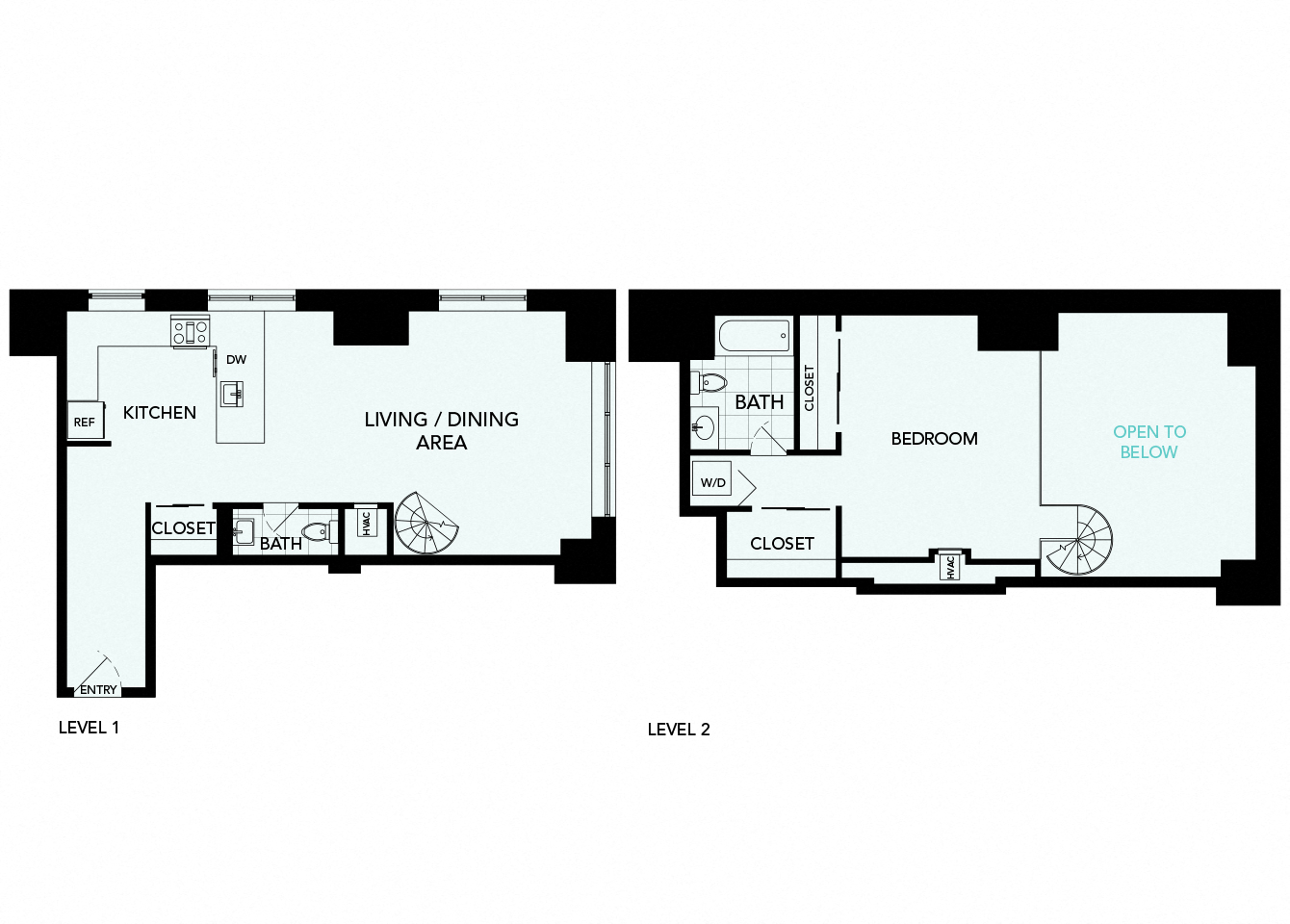Floor plan for 1 bed, 1.5 baths, 985 sqft