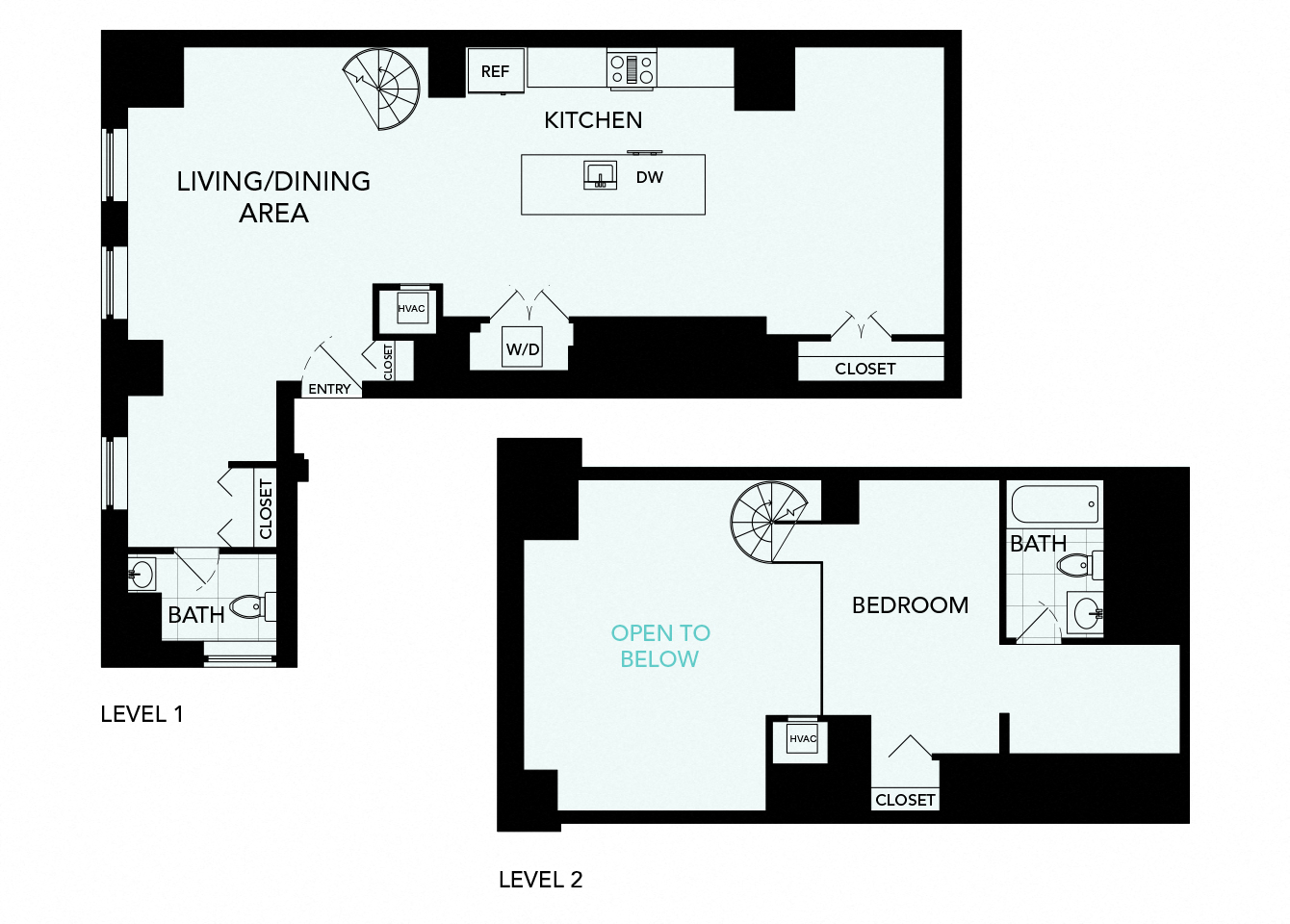 Floor plan for 1 bed, 1.5 baths, 1165 sqft
