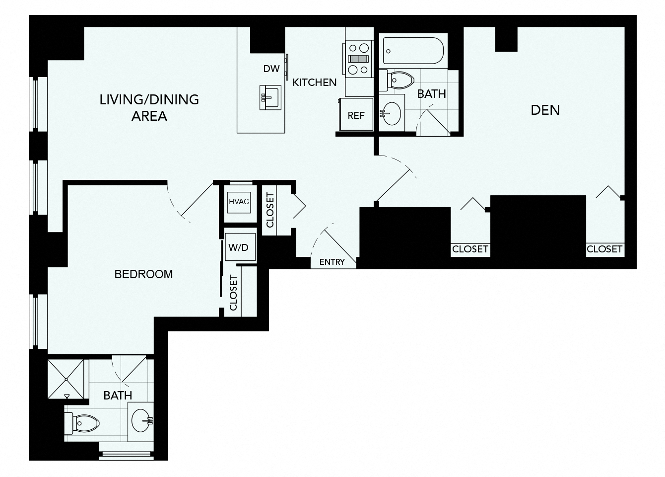 Floor plan for 1 bed, 2 baths, 870 sqft