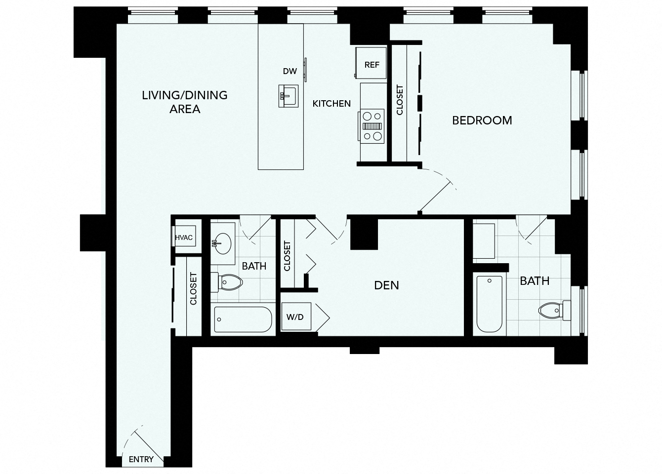 Floor plan for 1 bed, 2 baths, 920 sqft