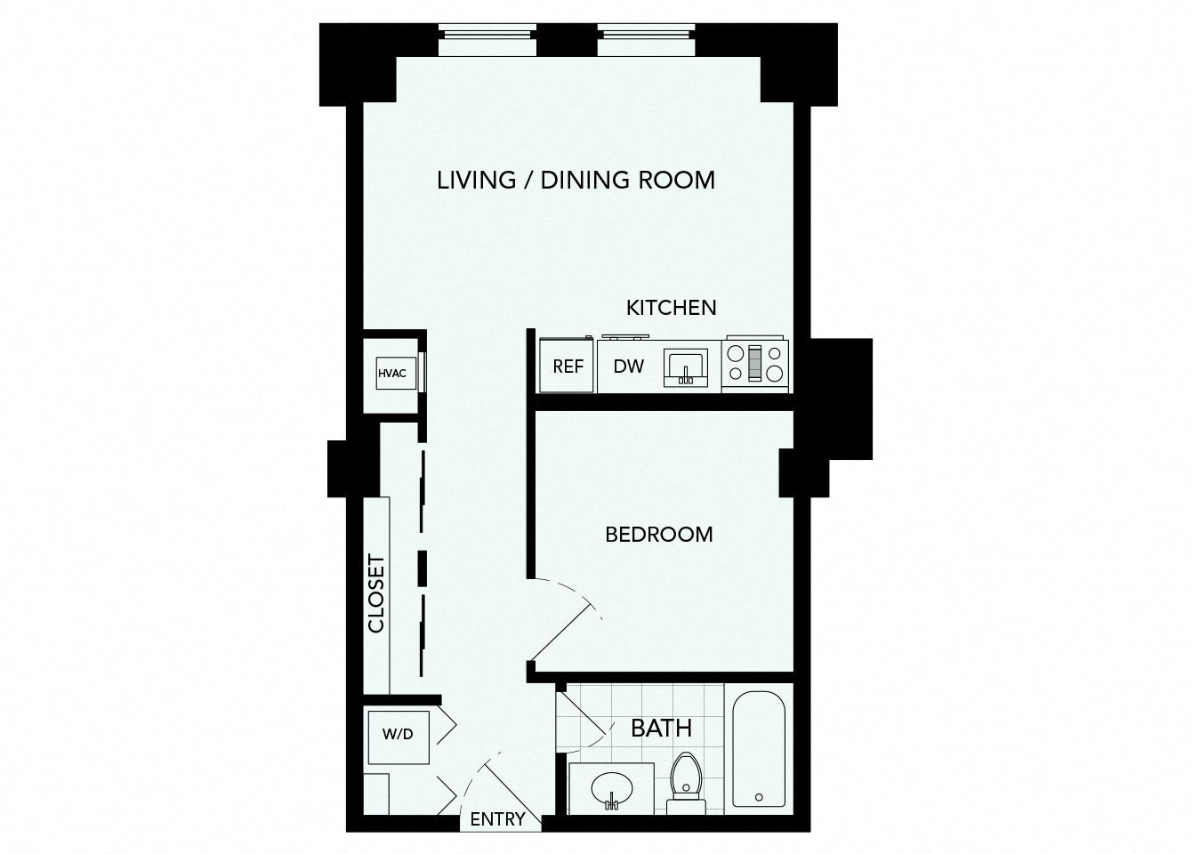 Floor plan for 1 bed, 1 bath, 480 sqft