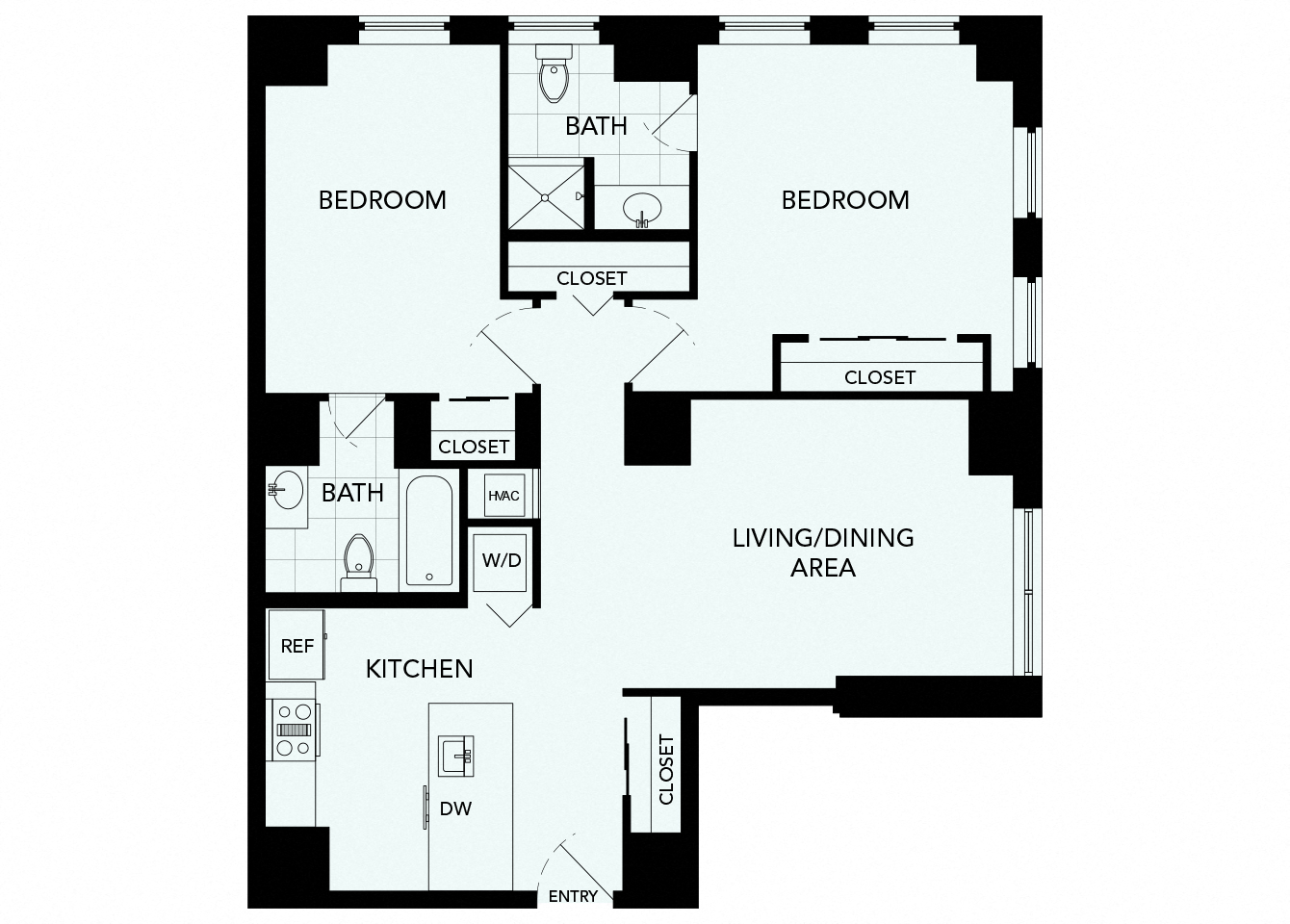 Floor plan for 2 beds, 2 baths, 975 sqft