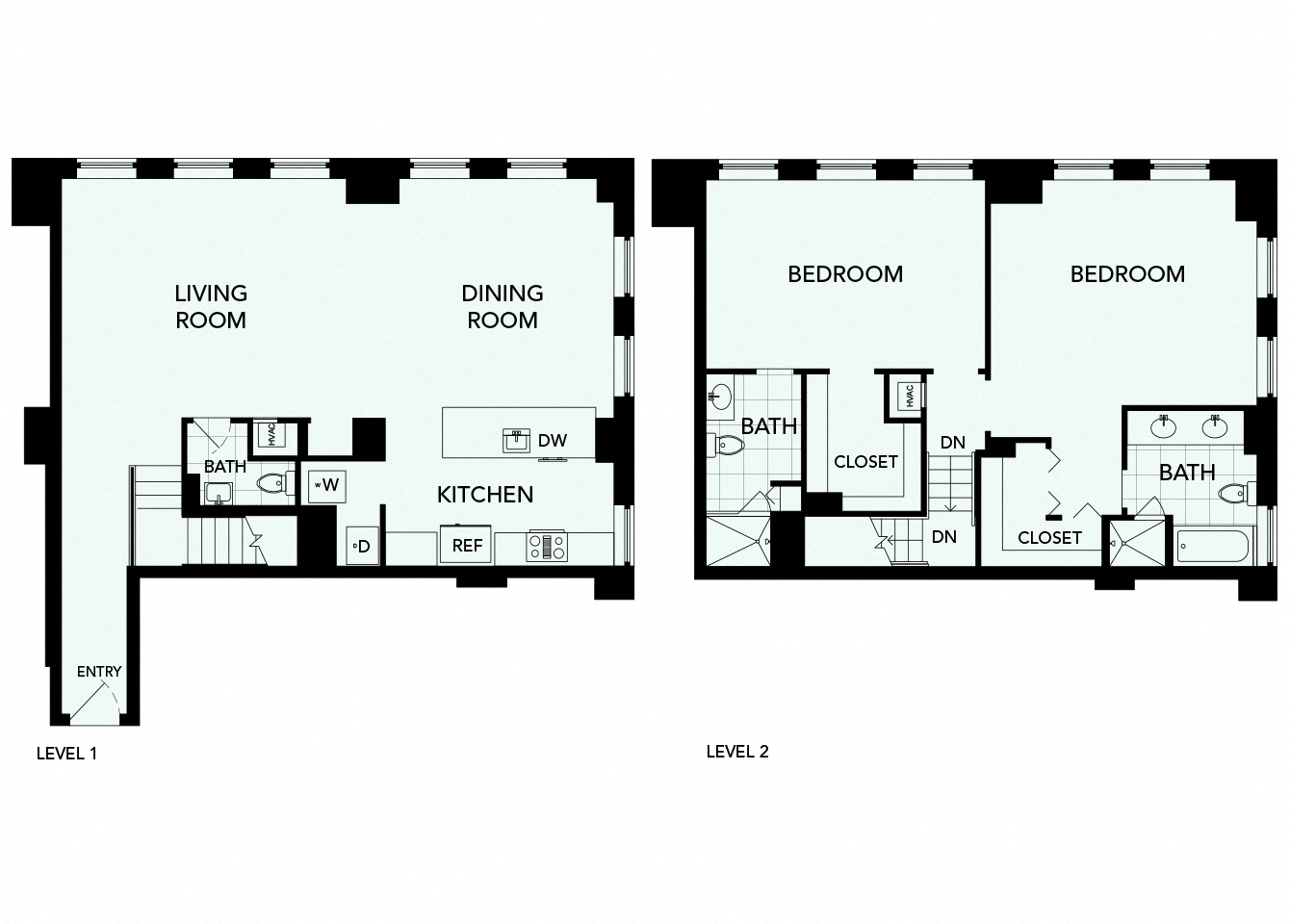 Floor plan for 2 beds, 2.5 baths, 1795 sqft