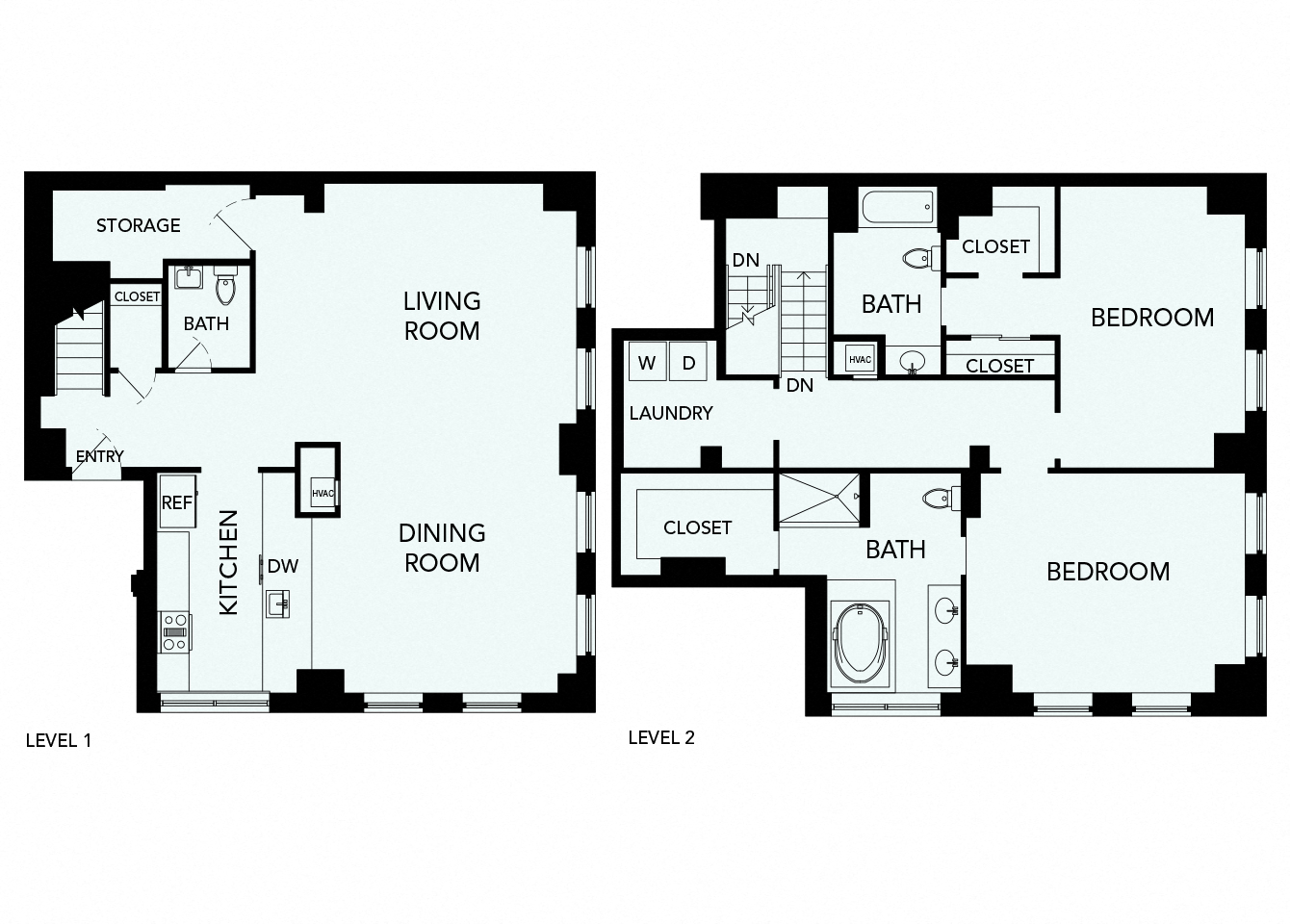 Floor plan for 2 beds, 2.5 baths, 2010 sqft