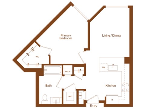 Floor plan for 1 bed, 1 bath, 668 sqft