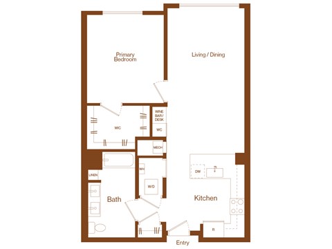 Floor plan for 1 bed, 1 bath, 852 sqft