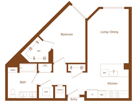 Floor plan for 1 bed, 1 bath, 775 sqft