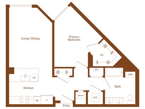 Floor plan for 1 bed, 1 bath, 780 sqft