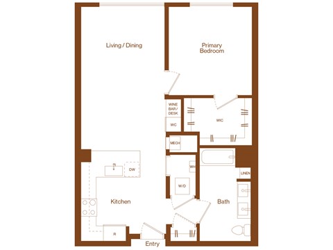 Floor plan for 1 bed, 1 bath, 827 sqft