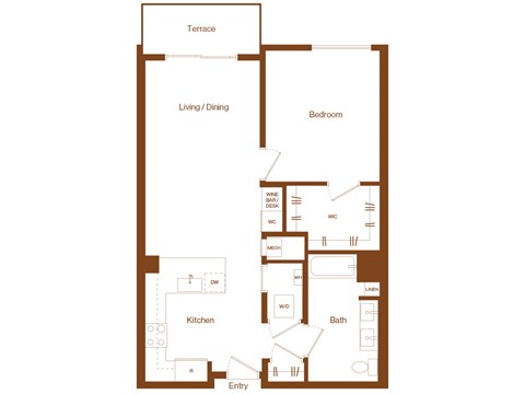 Floor plan for 1 bed, 1 bath, 827 sqft