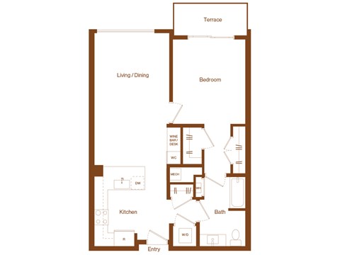 Floor plan for 1 bed, 1 bath, 827 sqft