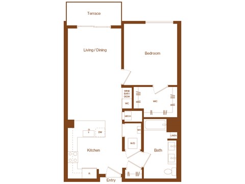 Floor plan for 1 bed, 1 bath, 839 sqft