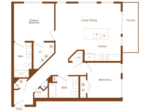 Floor plan for 2 beds, 2 baths, 1157 sqft