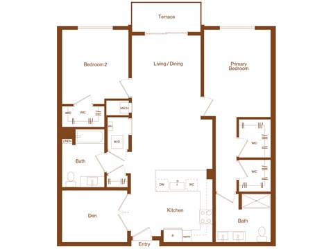 Floor plan for 2 beds, 2 baths, 1341 sqft