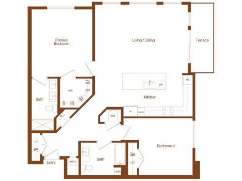 Floor plan for 2 beds, 2 baths, 1342 sqft