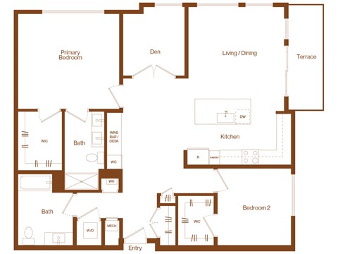Floor plan for 2 beds, 2 baths, 1393 sqft
