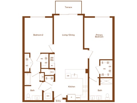 Floor plan for 2 beds, 2 baths, 1241 sqft