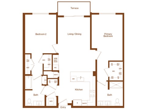 Floor plan for 2 beds, 2 baths, 1256 sqft