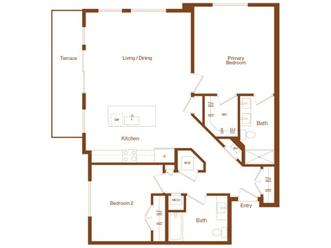 Floor plan for 2 beds, 2 baths, 1262 sqft