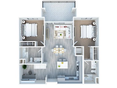 Floor plan for 2 beds, 2 baths, 1045 sqft