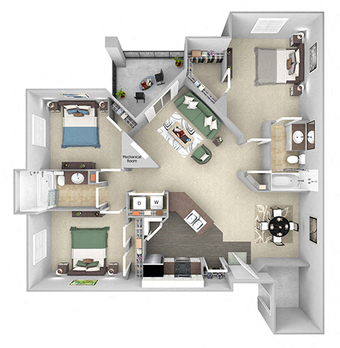 Floor plan for 3 beds, 2 baths, 1380 sqft