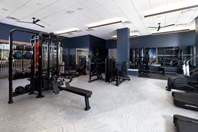 Golden apartment for rent - A spacious gym with a variety of equipment including a squat rack, bench, and weights.
