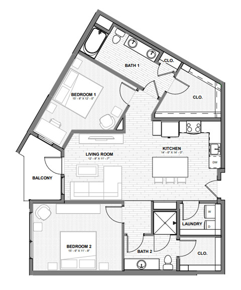 Floor plan for 2 beds, 2 baths, 1079 sqft