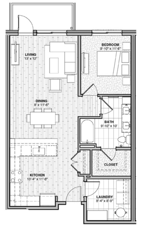 Floor plan for 1 bed, 1 bath, 840 sqft