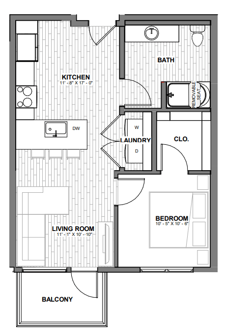 Floor plan for 1 bed, 1 bath, 584 sqft