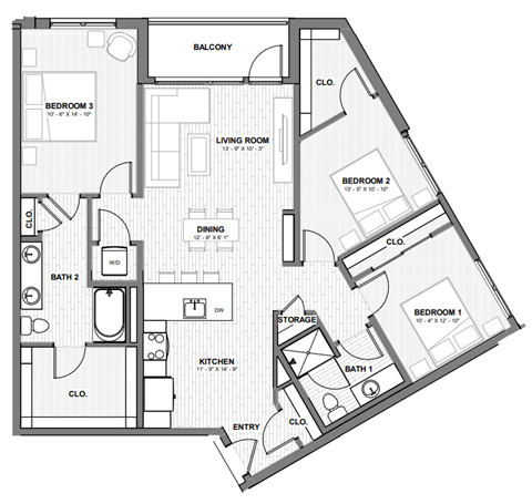 Floor plan for 3 beds, 2 baths, 1196 sqft