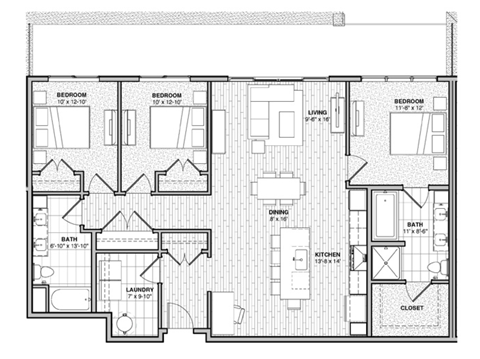 Floor plan for 3 beds, 2 baths, 1430 sqft
