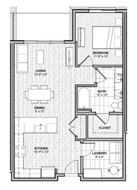 Floor plan for 1 bed, 1 bath, 790 sqft