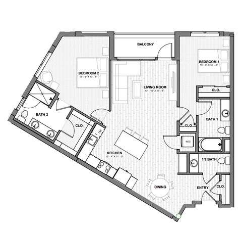 Floor plan for 2 beds, 2.5 baths, 1120 sqft