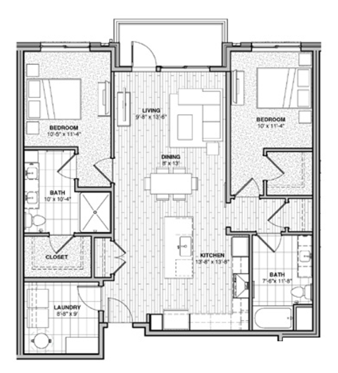 Floor plan for 2 beds, 2 baths, 1180 sqft